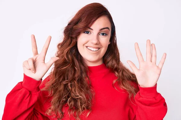 Young Beautiful Woman Wearing Casual Clothes Showing Pointing Fingers Number — Stock Photo, Image