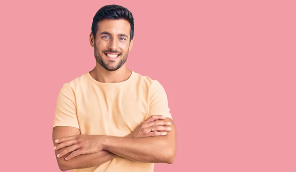 Young Hispanic Man Wearing Casual Clothes Happy Face Smiling Crossed — Stock Photo, Image