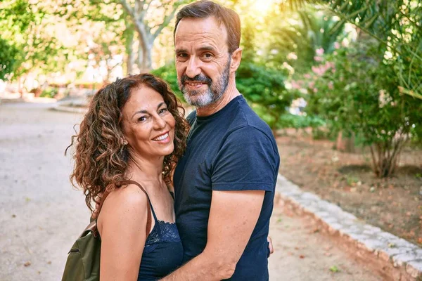 Middle Age Couple Wearing Casual Clothes Smiling Happy Forest — Stock Photo, Image