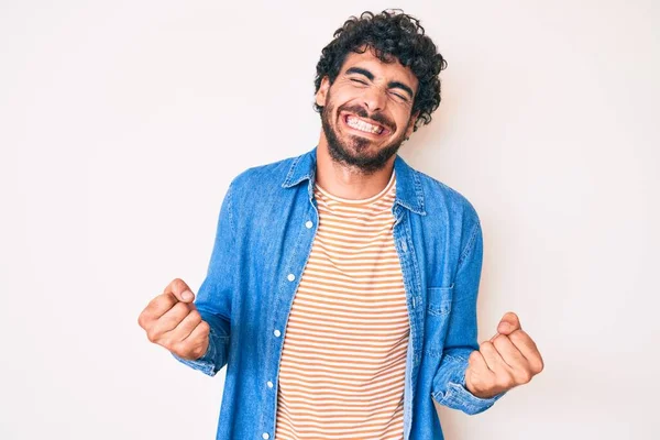 Handsome Young Man Curly Hair Bear Wearing Casual Denim Jacket — Stock Photo, Image