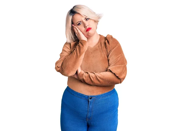 Junge Blonde Size Frau Lässigem Pullover Die Müde Und Gelangweilt — Stockfoto