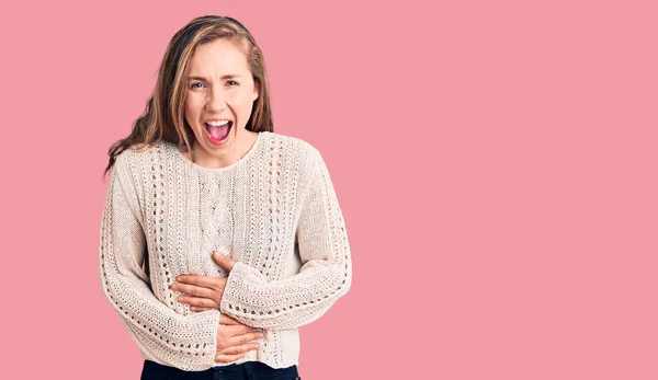 Young Beautiful Blonde Woman Wearing Casual Sweater Smiling Laughing Hard — Stock Photo, Image