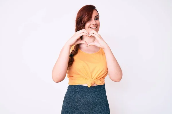 Young Beautiful Woman Wearing Casual Clothes Smiling Love Doing Heart — Stock Photo, Image