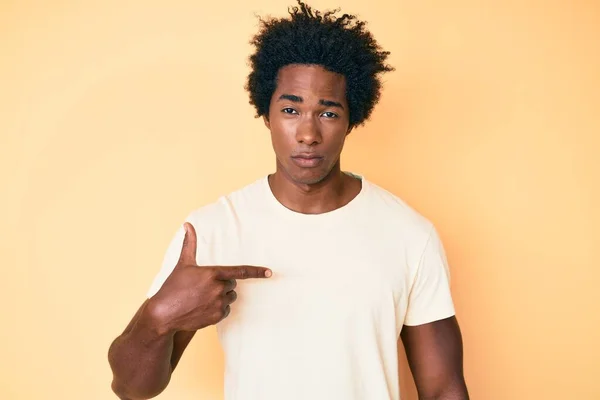 Handsome African American Man Afro Hair Pointing Fingers Himself Depressed — Stock Photo, Image