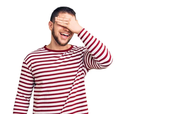 Young Handsome Man Wearing Striped Sweater Smiling Laughing Hand Face — Stock Photo, Image