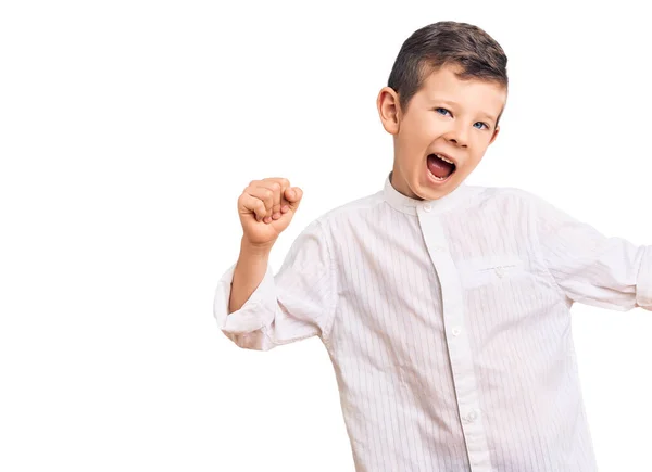 Lindo Niño Rubio Con Camisa Elegante Bailando Feliz Alegre Sonriente — Foto de Stock