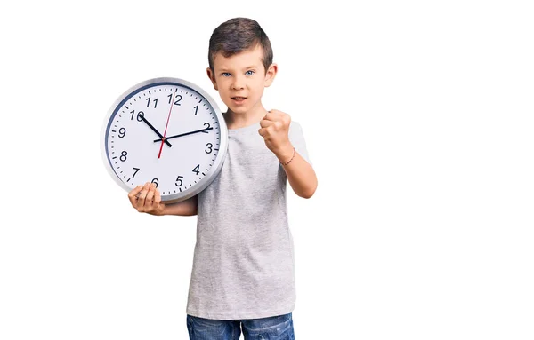 Cute Blond Kid Holding Big Clock Annoyed Frustrated Shouting Anger — Stock Photo, Image