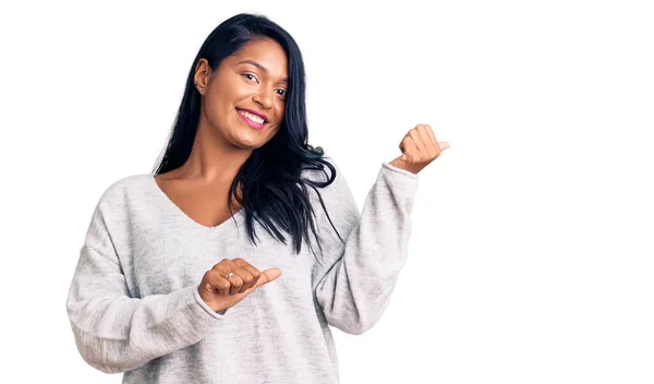 Hispanic Woman Long Hair Wearing Casual Clothes Pointing Back Hand — Stock Photo, Image