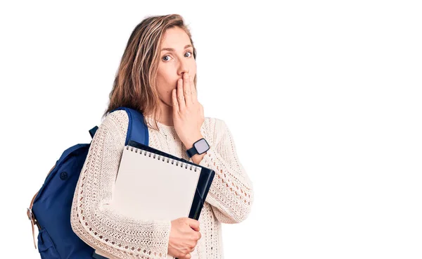 Young Beautiful Blonde Woman Wearing Student Backpack Holding Notebook Covering — Stock Photo, Image