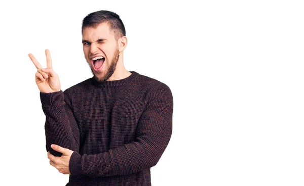 Joven Hombre Guapo Con Suéter Casual Sonriendo Con Cara Feliz —  Fotos de Stock