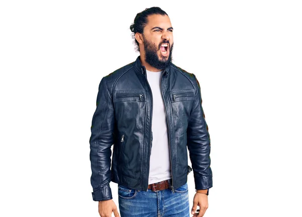 Young Arab Man Wearing Casual Leather Jacket Angry Mad Screaming — Stock Photo, Image