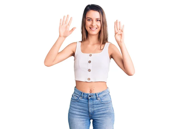 Young Beautiful Girl Wearing Casual Sleeveless Shirt Showing Pointing Fingers — Stock Photo, Image