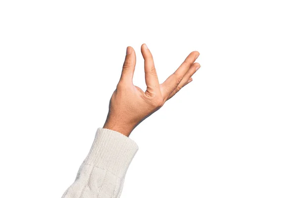 Mano Joven Caucásico Mostrando Dedos Sobre Fondo Blanco Aislado Recogiendo — Foto de Stock