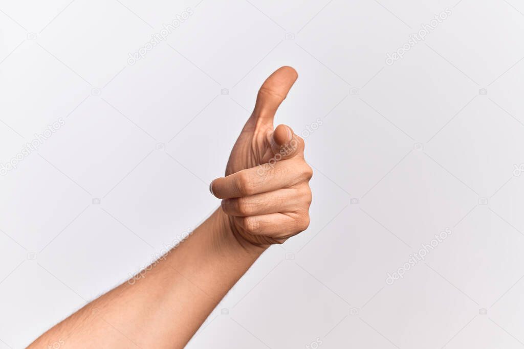 Hand of caucasian young man showing fingers over isolated white background pointing forefinger to the camera, choosing and indicating towards direction