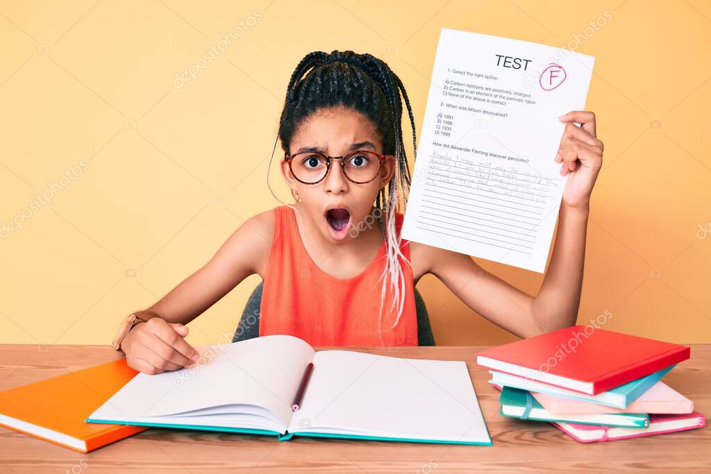 Young african american girl child with braids showing failed exam scared and amazed with open mouth for surprise, disbelief face 