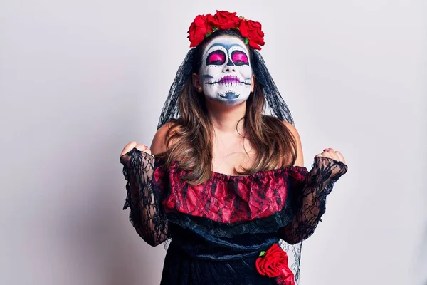 Young Woman Wearing Day Dead Costume White Very Happy Excited — Stock Photo, Image