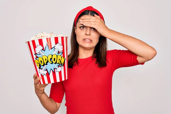 Young Beautiful Brunette Woman Eating Pack Popcorns Snack Isolated White — Stock Photo, Image