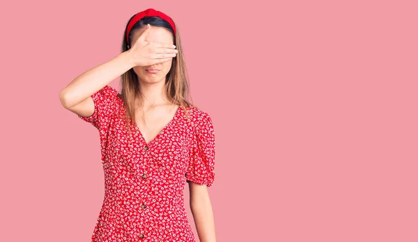 Young Beautiful Girl Wearing Dress Diadem Covering Eyes Hand Looking — Stock Photo, Image