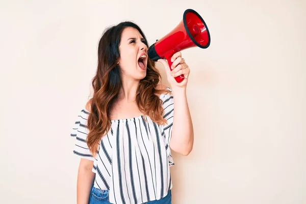 Young Woman Shouting Exited Throung Megaphone Yelling Screaming Protesting — Stock Photo, Image