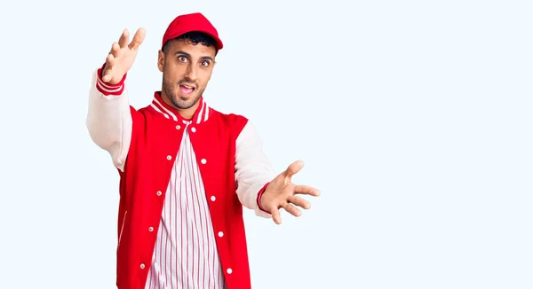 Young Hispanic Man Wearing Baseball Uniform Looking Camera Smiling Open — Stock Photo, Image