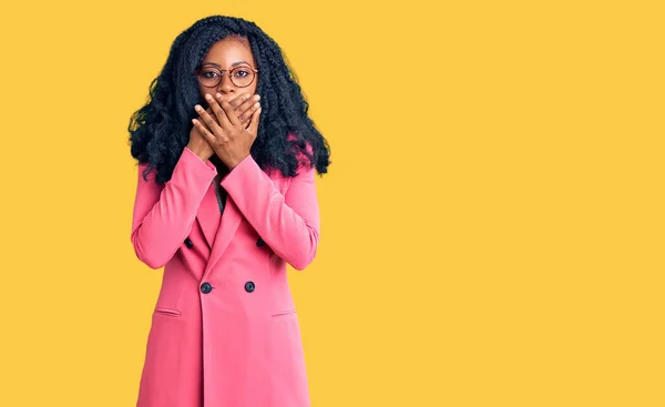 Beautiful African American Woman Wearing Business Jacket Glasses Shocked Covering — Stock Photo, Image