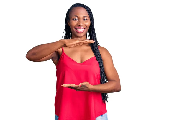 Young African American Woman Wearing Casual Clothes Gesturing Hands Showing — Stock Photo, Image