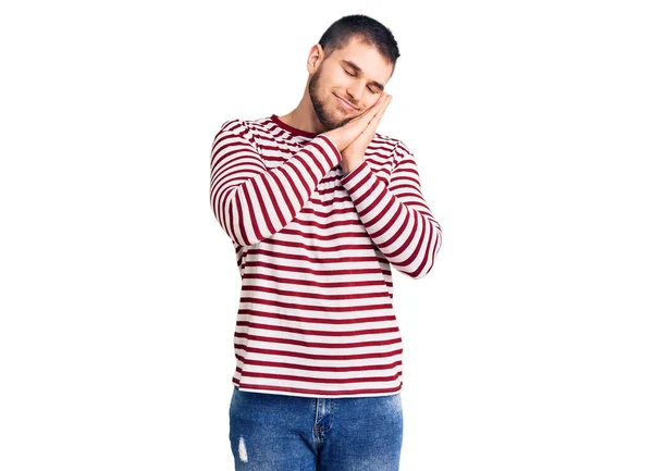 Young Handsome Man Wearing Striped Sweater Sleeping Tired Dreaming Posing — Stock Photo, Image