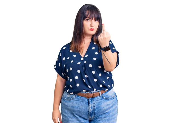 Young Size Woman Wearing Casual Clothes Showing Middle Finger Impolite — Foto de Stock