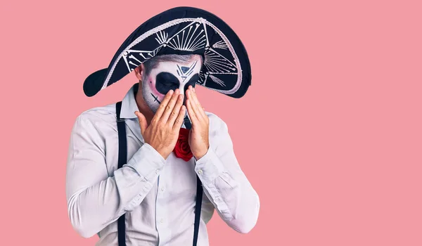 Man Wearing Day Dead Costume Background Rubbing Eyes Fatigue Headache — Stock Photo, Image