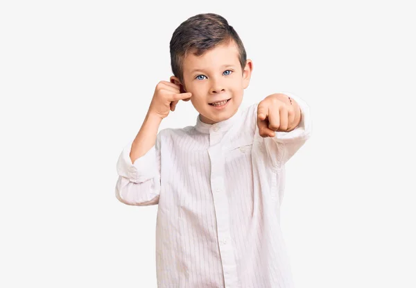 Cute Blond Kid Wearing Elegant Shirt Smiling Doing Talking Telephone — Stock Photo, Image