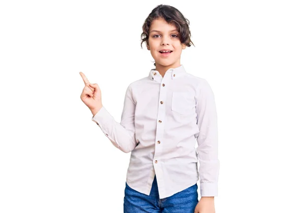 Cute Hispanic Child Wearing Casual Clothes Smiling Happy Pointing Hand — Stock Photo, Image
