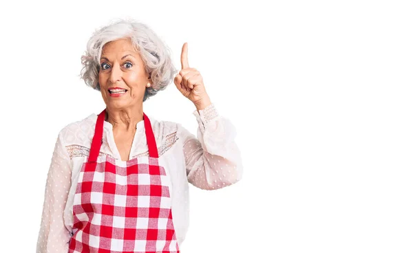 Ältere Grauhaarige Frau Mit Schürze Zeigt Mit Erhobenem Zeigefinger Auf — Stockfoto