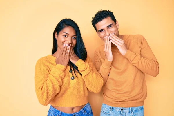 Beautiful Latin Young Couple Wearing Casual Clothes Together Laughing Embarrassed — Stock Photo, Image