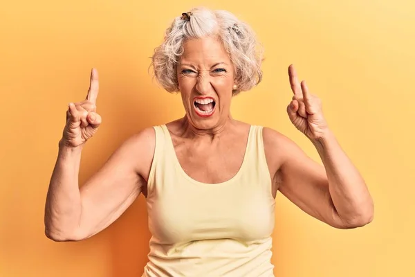 Senior Grey Haired Woman Wearing Casual Clothes Shouting Crazy Expression — Stock Photo, Image