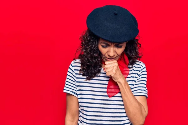 Middle Age Beautiful Woman Wearing French Beret Feeling Unwell Coughing — Stock Photo, Image