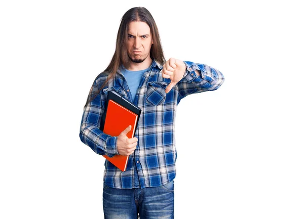 Junger Erwachsener Mann Mit Langen Haaren Collage Buch Mit Wütendem — Stockfoto