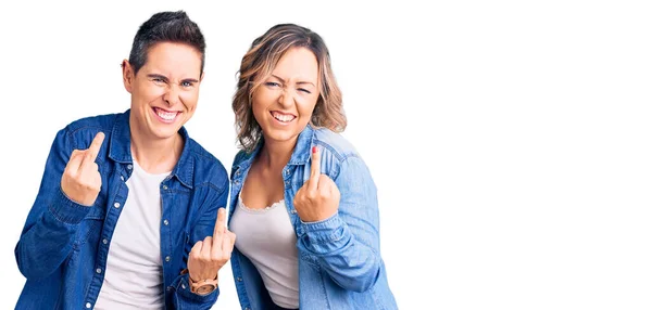 Couple Women Wearing Casual Clothes Showing Middle Finger Doing Fuck — Φωτογραφία Αρχείου