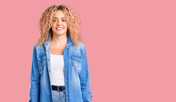 Young Blonde Woman Curly Hair Wearing Casual Denim Jacket Happy — Stock Photo, Image