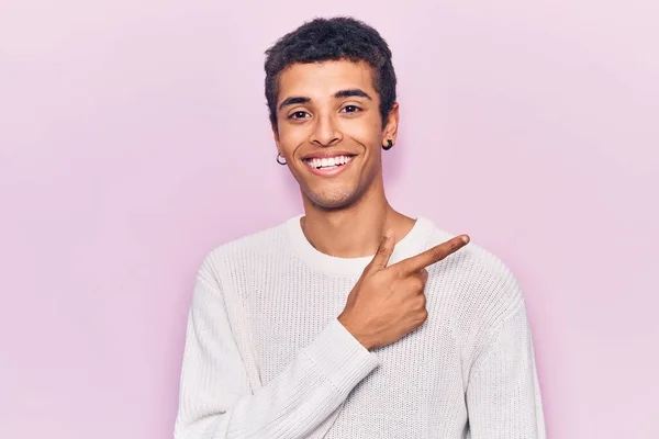 Young African Amercian Man Wearing Casual Clothes Smiling Cheerful Pointing — Stock Photo, Image