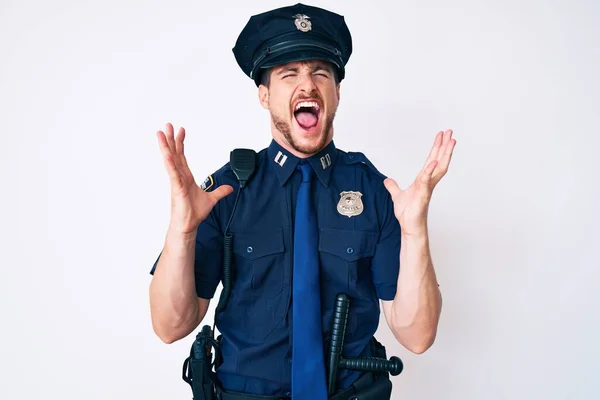 Young Caucasian Man Wearing Police Uniform Celebrating Mad Crazy Success — Stock Photo, Image