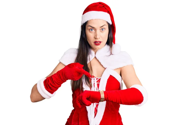 Jeune Belle Femme Caucasienne Portant Santa Claus Costume Pressé Pointant — Photo