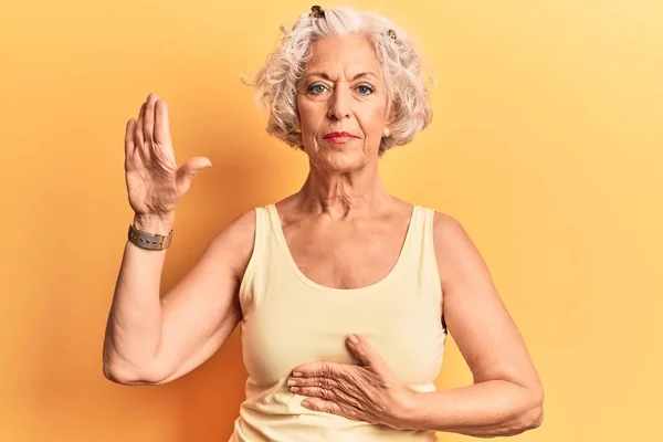 Senior Grey Haired Woman Wearing Casual Clothes Swearing Hand Chest — Stock Photo, Image