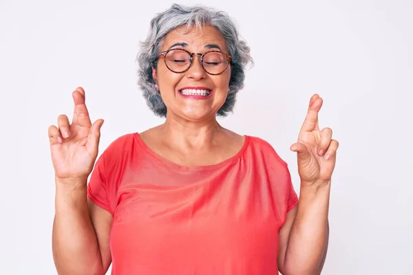 Senior Hispanic Grey Haired Woman Wearing Casual Clothes Glasses Gesturing — Stock Photo, Image