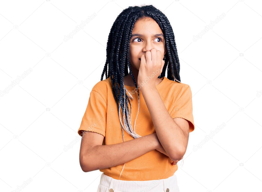 Cute african american girl wearing casual clothes looking stressed and nervous with hands on mouth biting nails. anxiety problem. 