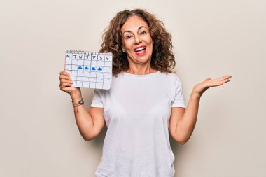 Orta yaşlı, iklim bilimi takvimi tutan güzel bir kadın. Bulutlu ve yağmurlu havayı gösteriyor. Başarı kutlamalarını mutlu bir gülümsemeyle ve kazanan ifadeyle el kaldırarak kutluyor.