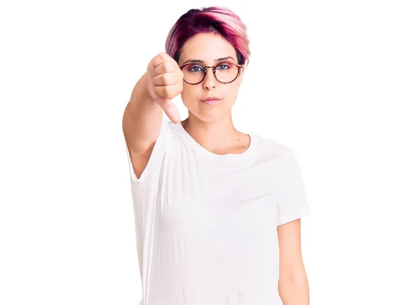 Young Beautiful Woman Pink Hair Wearing Casual Clothes Glasses Looking — Stock Photo, Image