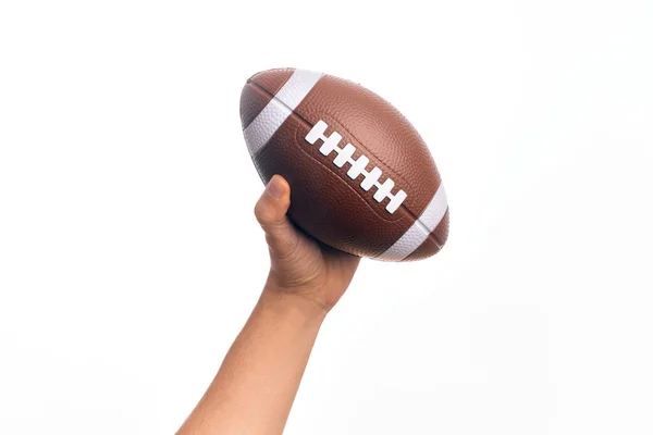 Hand Caucasian Young Sporty Man Holding Football Ball Isolated White — Stock Photo, Image