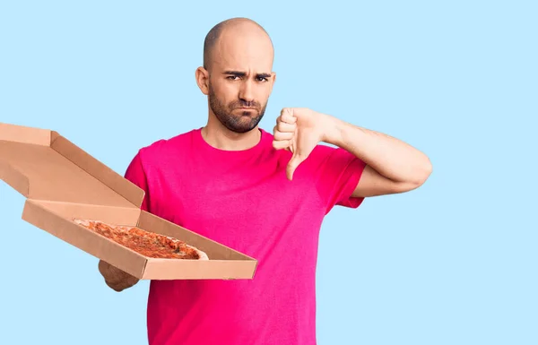 Young Handsome Man Holding Delivery Pizza Cardboard Box Angry Face — Stock Photo, Image