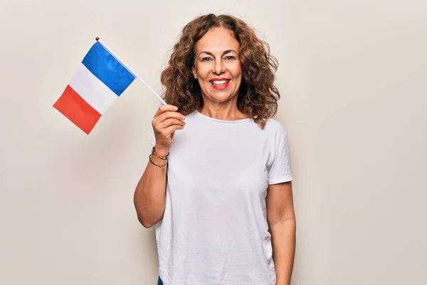 Middelbare Leeftijd Mooie Patriottische Vrouw Met Franse Vlag Geïsoleerde Witte — Stockfoto