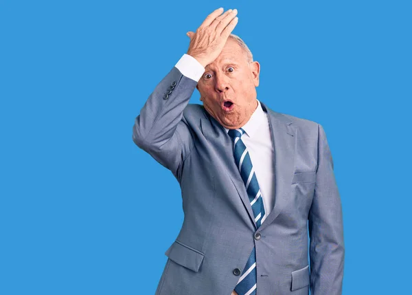 Senior Handsome Grey Haired Man Wearing Elegant Suit Surprised Hand — Stock Photo, Image